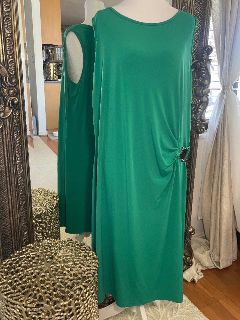 Michael Kors Pepper Green Sleeveless Side Buckle Ruched Jersey Dress 2X NWT